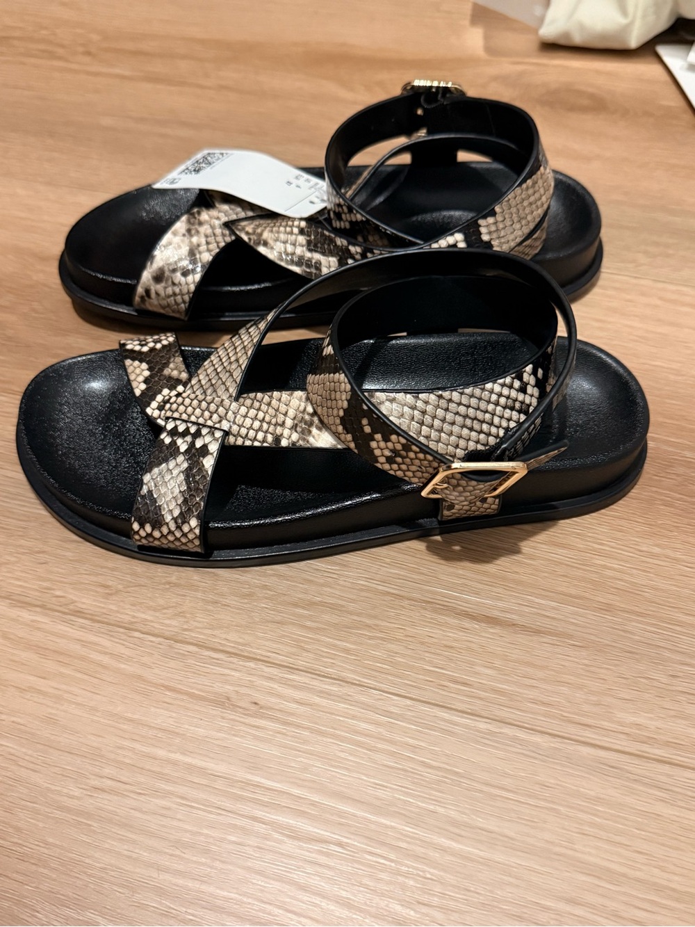 H&M Black and Beige Snake-Print Leatherette Strappy Sandals